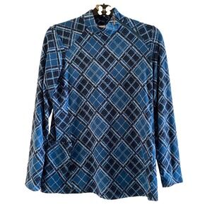 Susan Graver Blue and‎ Black Plaid Mock Neck Liquid Knit Top Women's  XS Pockets